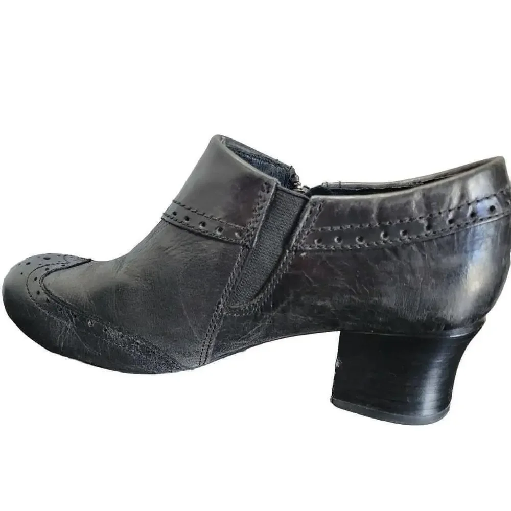Born Ankle Boots Womens 7.5 Black Sia Wingtip Zip Almond Toe Block Leather